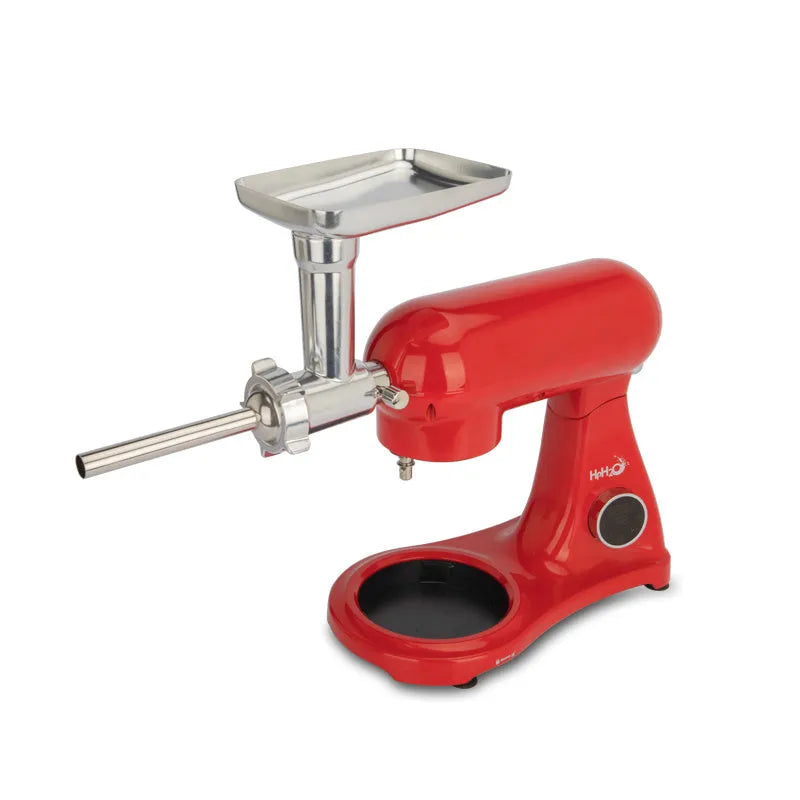 Red 1800W stand mixer with 8L stainless steel bowl, metal body, digital control, and three mixing attachments.