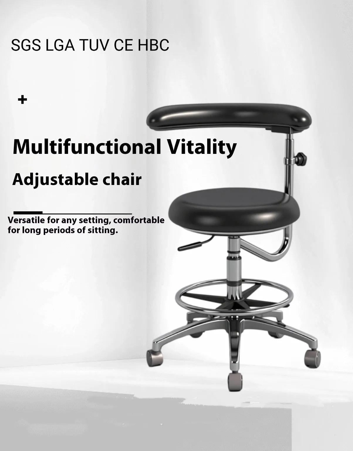 Black leather dental surgery chair with electric height adjustment mechanism for clinical use.