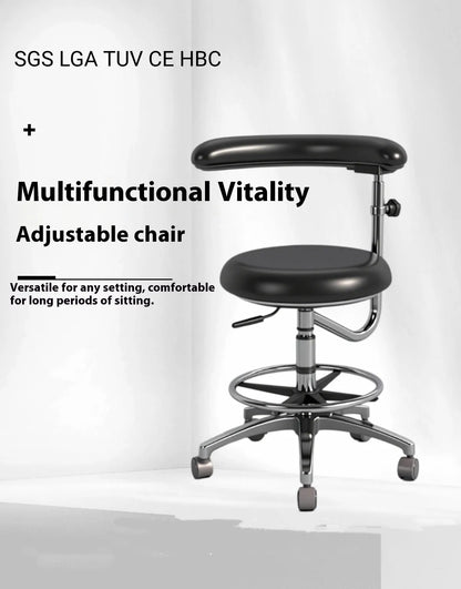 Black leather dental patient chair with hydraulic lift mechanism in a clinical setting