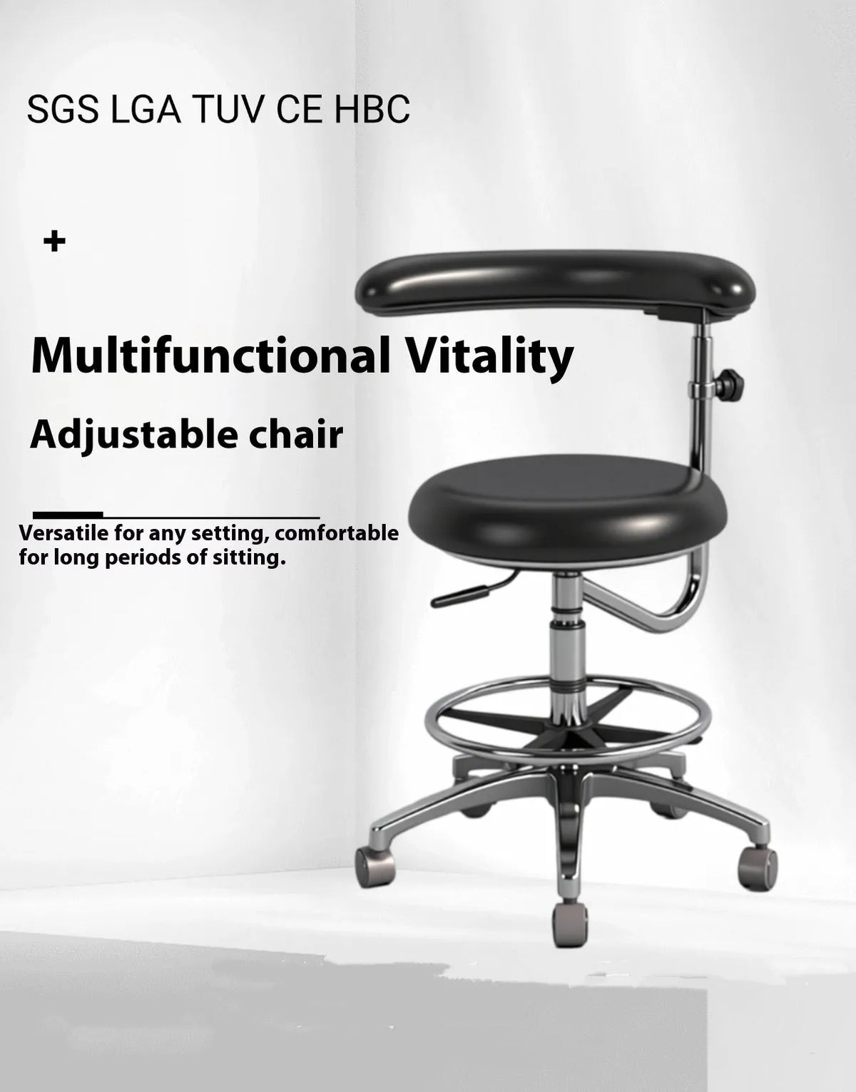 Black hydraulic dental nurse chair on five castors, showing adjustable height and synthetic leather upholstery.