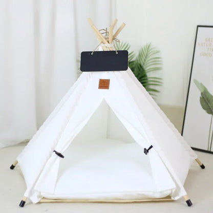 White and yellow striped flax linen pet teepee tent with cushion for small dogs or cats.