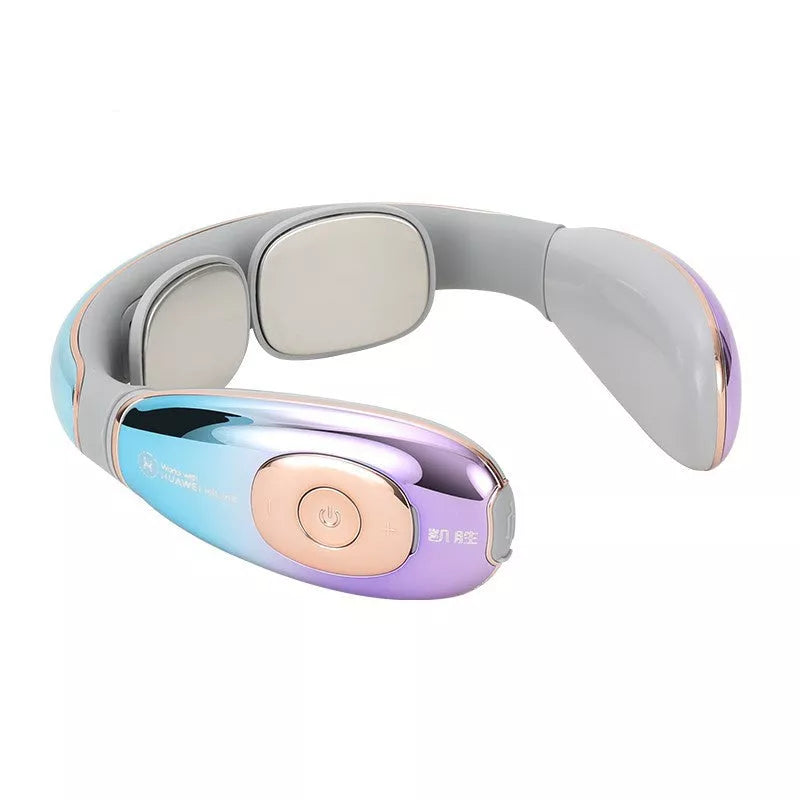 Rechargeable neck massager in white, bright blue, and sapphire blue with handheld remote