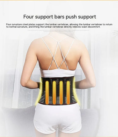 Black sports waist support belt with steel plate for adult lumbar decompression during fitness and sports.