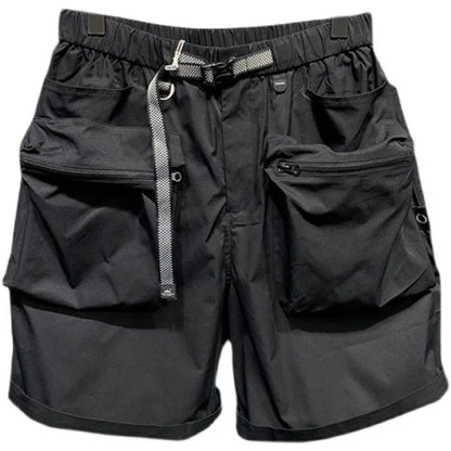 Men's black loose-fit work shorts with multiple pockets showing mid-waist design