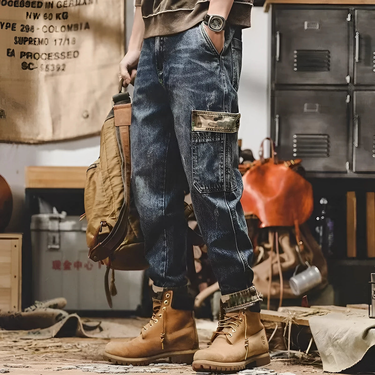 Men's blue heavy distressed cargo jeans, loose fit, mid waist, button fly, cotton denim.