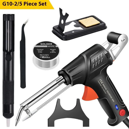 G102 black alloy soldering gun kit with light showing five-piece set and dimensions