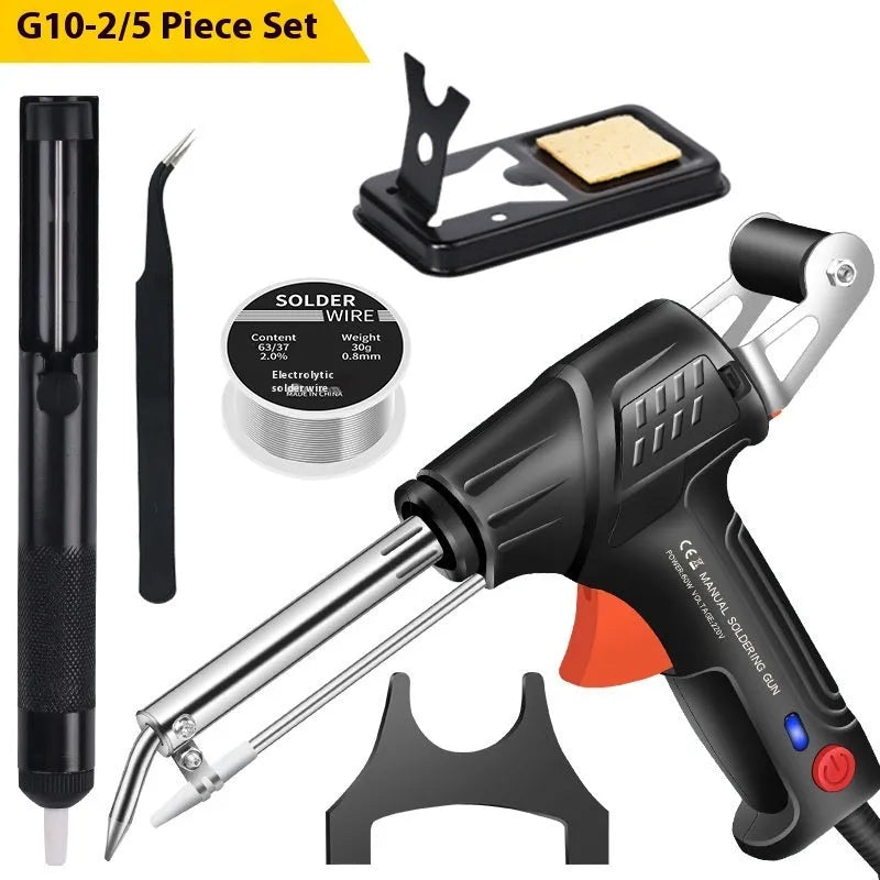 Soldering gun kit with light alloy construction five piece set 205 × 170mm dimensions for electronic repair soldering iron gun G102 model available in Chinese standard European standard or American 110v voltage black colour