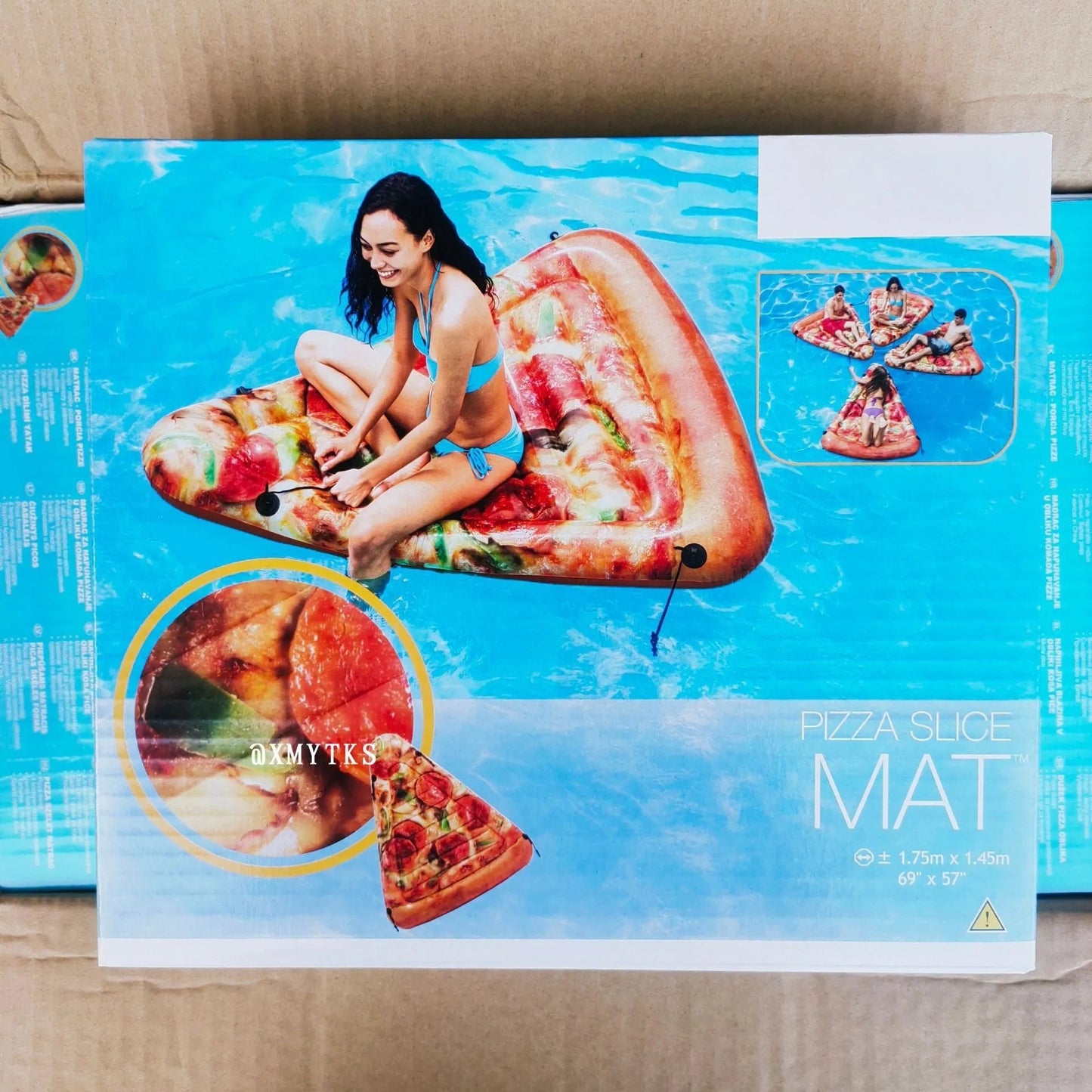Inflatable pizza slice surfboard floating on water, 175cm by 145cm dimensions