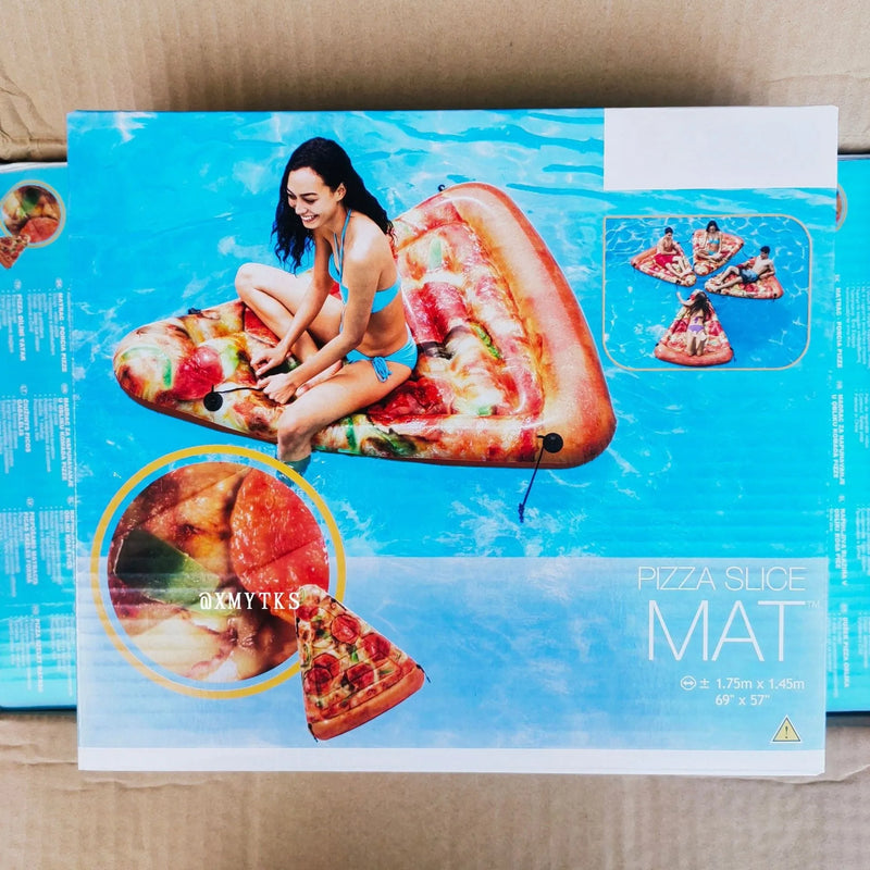 Inflatable pizza float surfboard recliner for swimming pools and water use, made from durable PVC material in colourful pizza slice design, measuring 175cm by 145cm for comfortable lounging