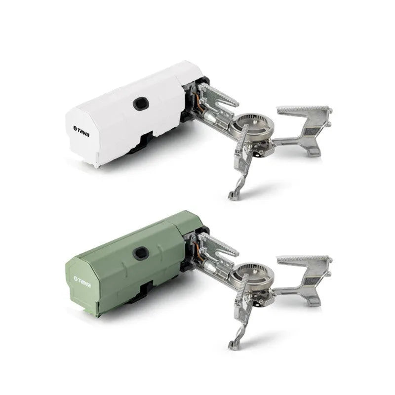 Green folding camping gas stove with serrated pot bracket, showing 25cm size next to butane canister