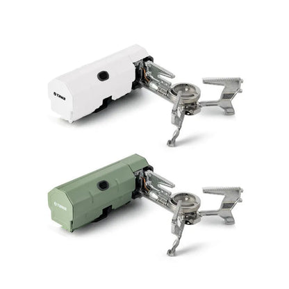 Green folding camping gas stove with serrated pot bracket, showing 25cm size next to butane canister