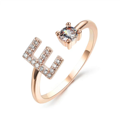 Personalized Initial Letter Crystal Ring with Adjustable Design in Gold, Silver, and Rose Gold Colors
