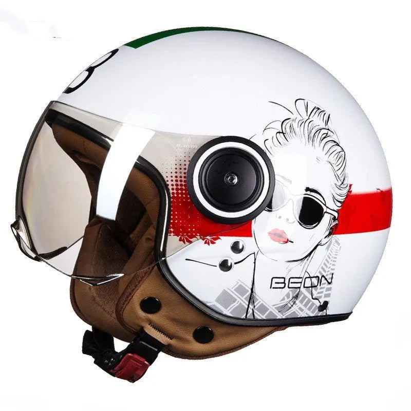 Retro style battery car half helmet in bright two-tone colours with ABS shell