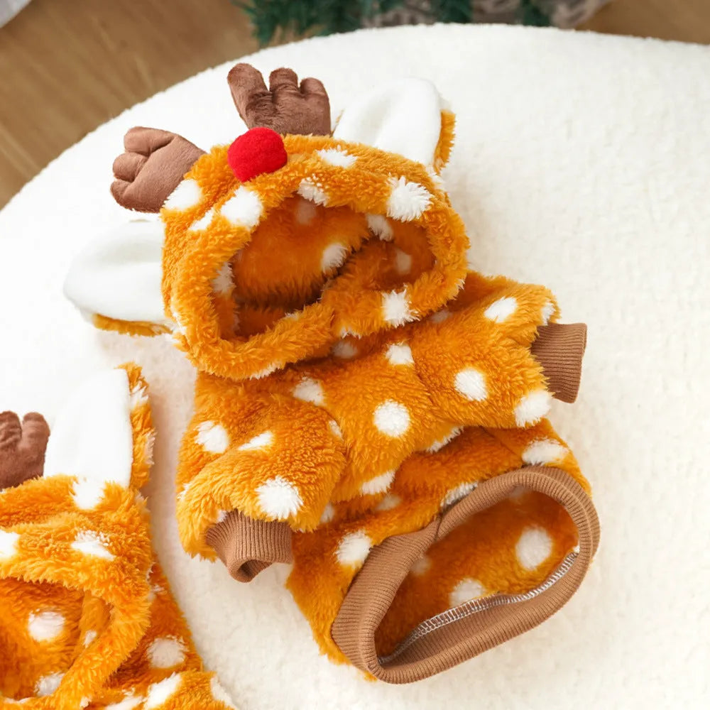 Elk-themed fleece-lined dog Christmas costume shown in size options from XS to XXL