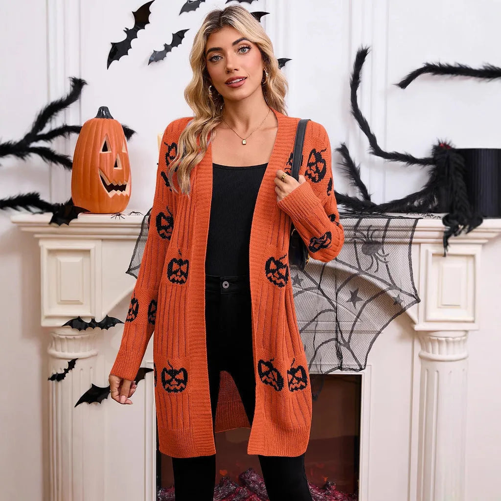 Women's black Halloween cardigan with orange pumpkin head jacquard pattern, regular sleeves, medium 65cm length