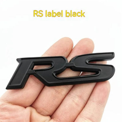 Zinc alloy RS pattern car sticker measuring 9x2.4cm in silver-edged blue colour option