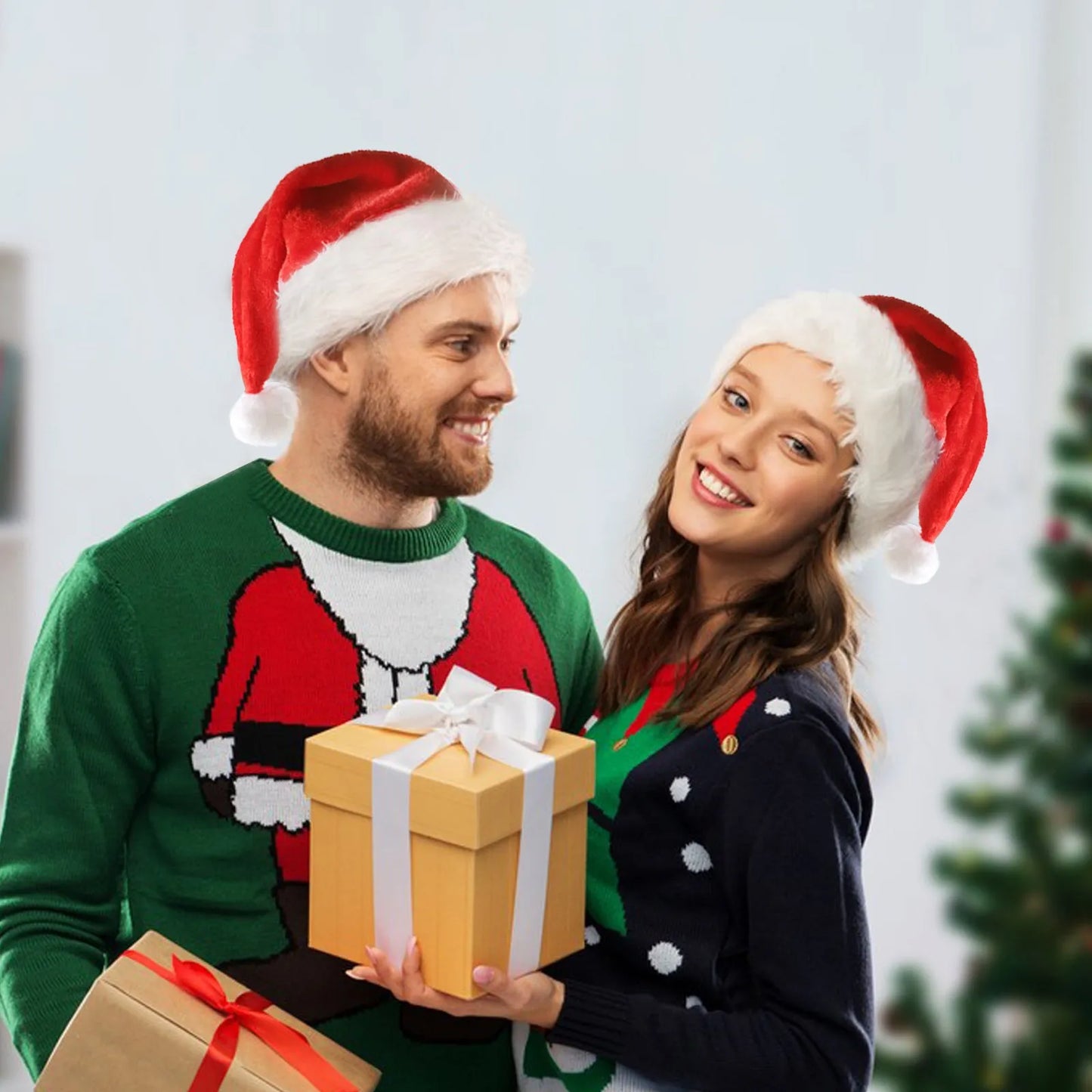 Red and white plush Santa hat with LED lights glowing in multiple colours, featuring a pom-pom and stretchy spandex material