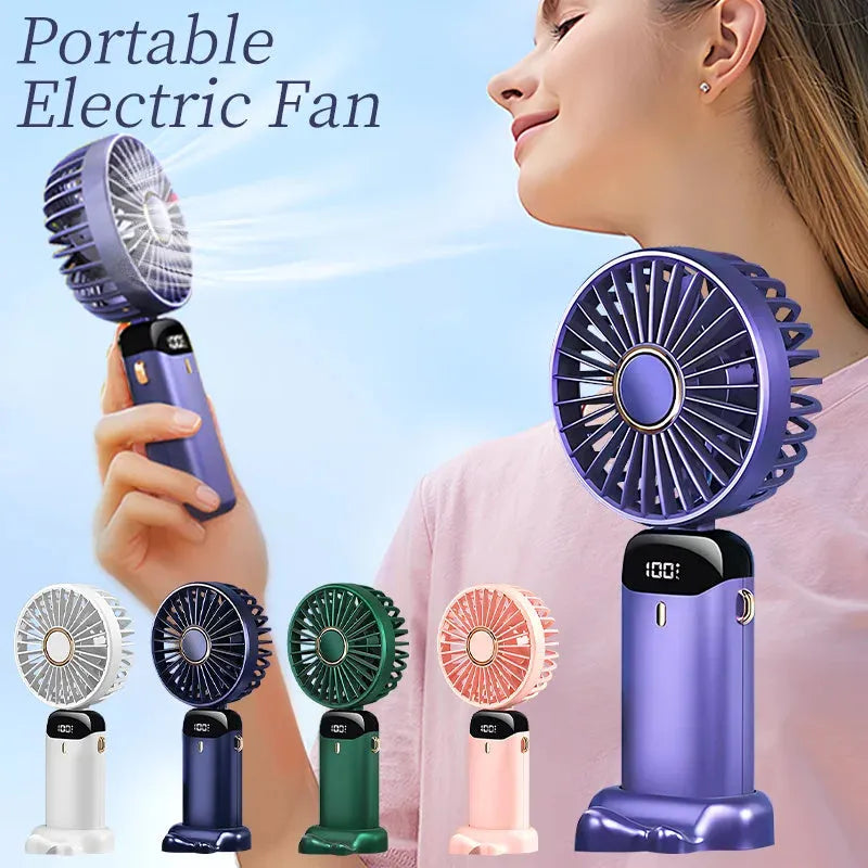 Blue foldable mini handheld electric fan showing its LED display and hanging lanyard.