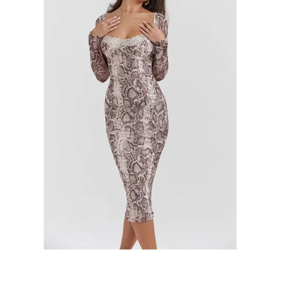 Grey lace dress with 3D floral digital print, A-line skirt, and long slim-fit sleeves on a mannequin.