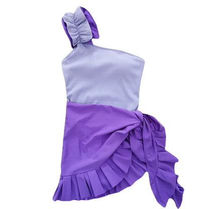 Women's single-shoulder suspender tube top one-piece swimsuit in a high-waist design on a model.