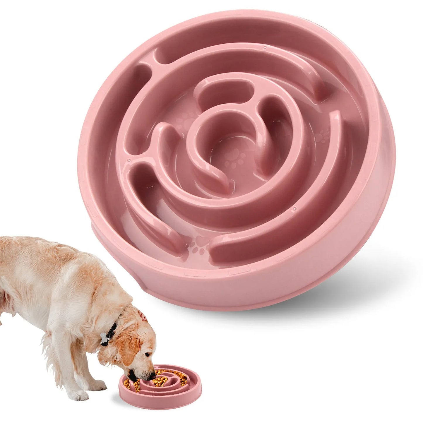 Blue silicone slow feeder dog bowl with raised labyrinth puzzle pattern for dogs.