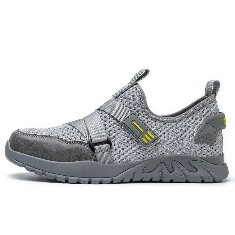 Men's grey anti-smash work safety shoes with flying woven upper and rubber sole