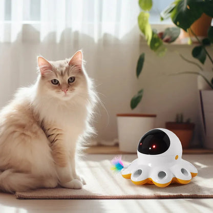 Automatic electric cat teaser toy with colourful feather attachment on a plastic base