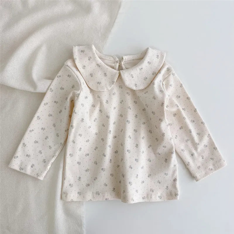 Baby girl long sleeve cotton top with lapel collar in plaid, Little Flower or white, sizes 66cm to 100cm