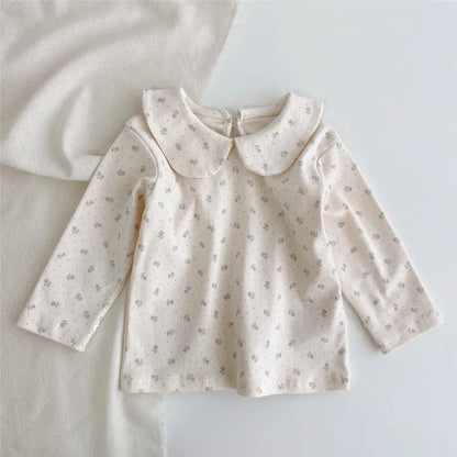 Baby girl long sleeve cotton top with lapel collar in plaid, Little Flower or white, sizes 66cm to 100cm