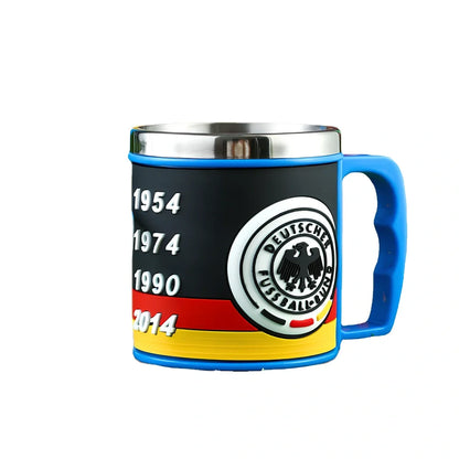 World Cup football mug with 7.6cm diameter and 10.5cm height in team colours
