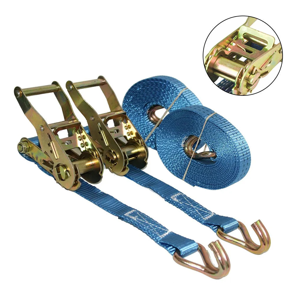 Steel hook and polyester ratchet tensioner binding strap for securing cargo and pallets.