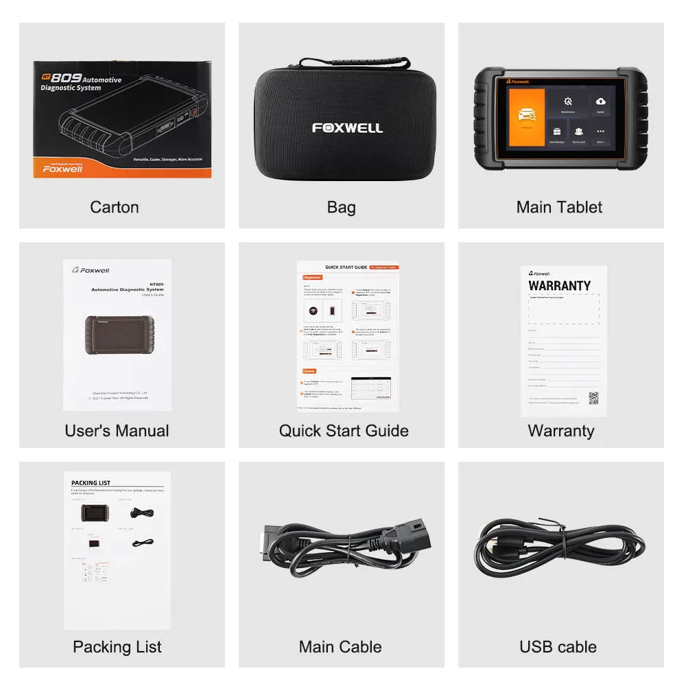 NT809 automotive diagnostic scanner with main unit, cables, and OBDII adapter on workshop bench