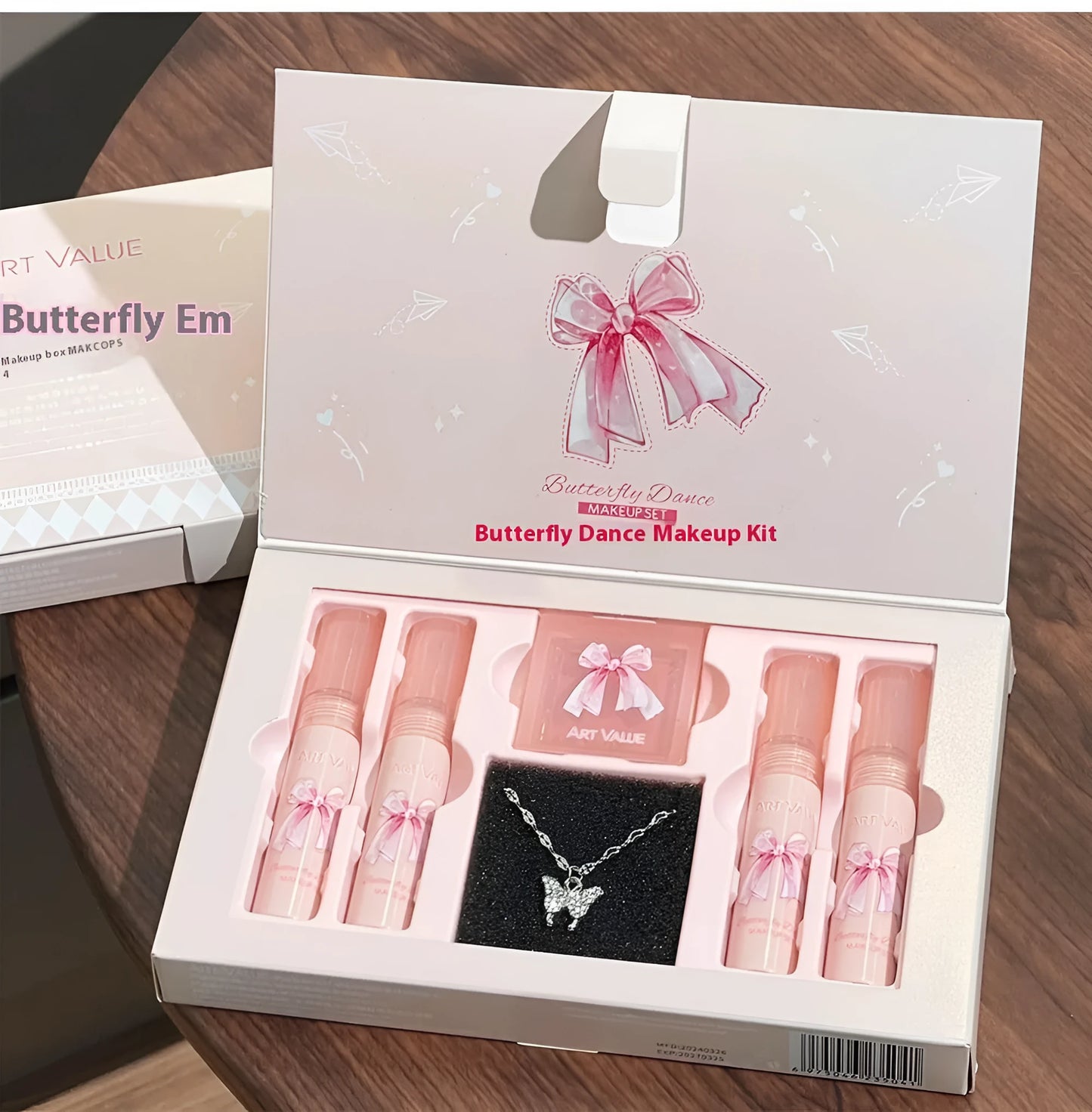 Butterfly box themed makeup set with matte lip muds, pink powder blusher and matching necklace