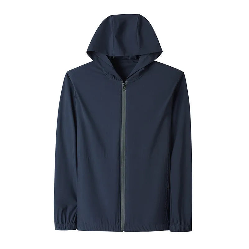 Grey hooded sun-protective top and loose pants suit for men on a hanger.