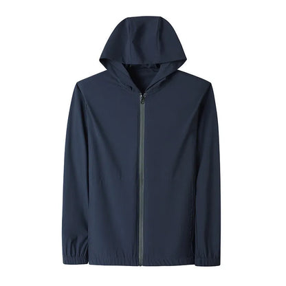 Grey hooded sun-protective top and loose pants suit for men on a hanger.