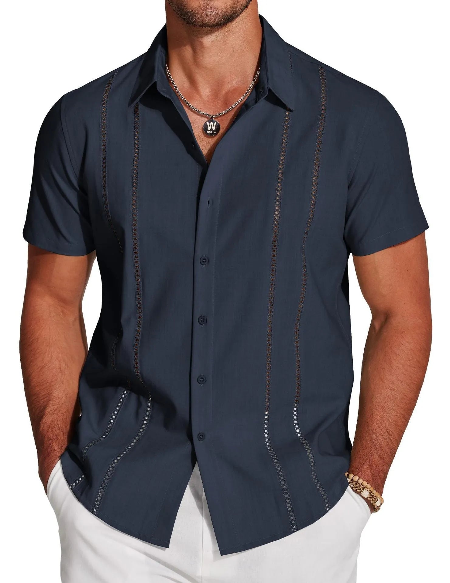 Men's slim fit Hawaiian short sleeve shirt with digital printed pattern on polyester fabric