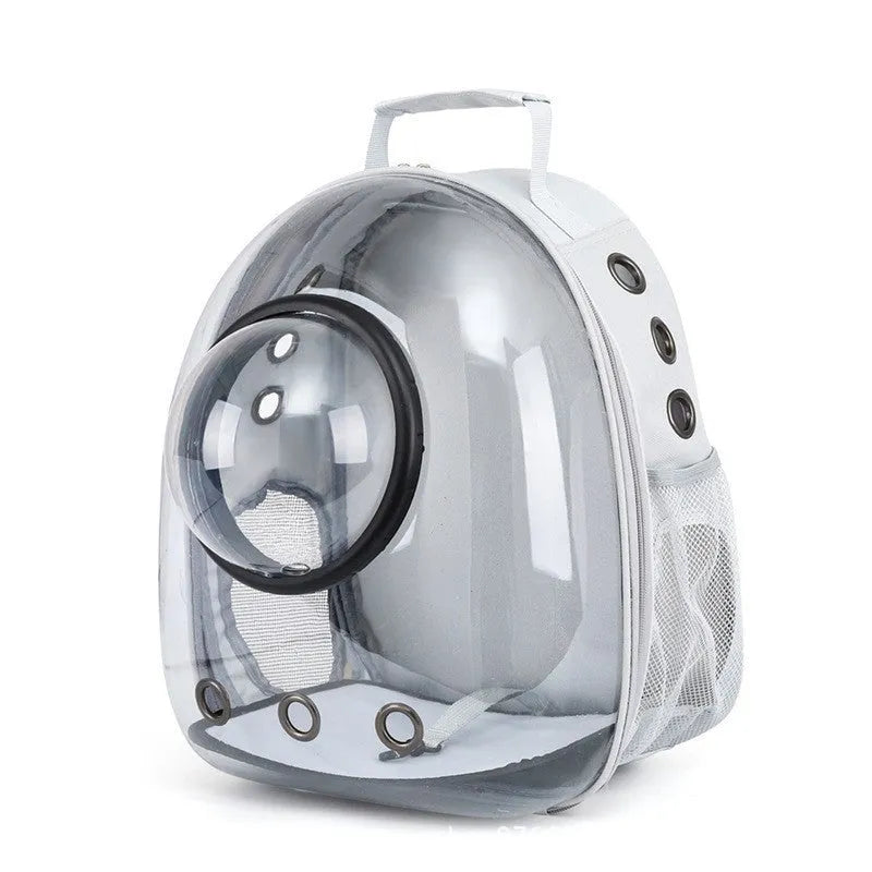 Grey PC plastic side opening pet carrier backpack for cats on a white background.