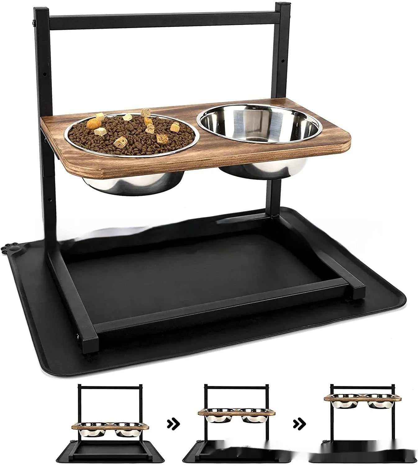 Black iron dog bowl rack holding two bowls for pet food and water