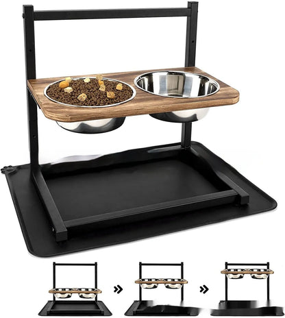Black iron dog bowl rack holding two bowls for pet food and water