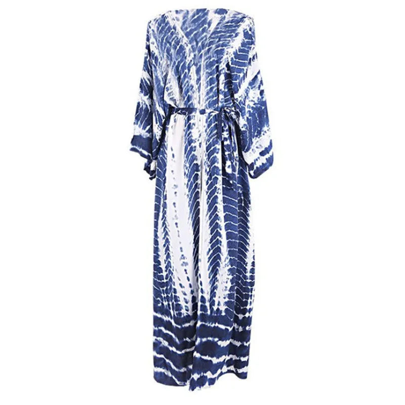 Printed loose beach cover-up shirt with long sleeves in cotton fabric for sun protection