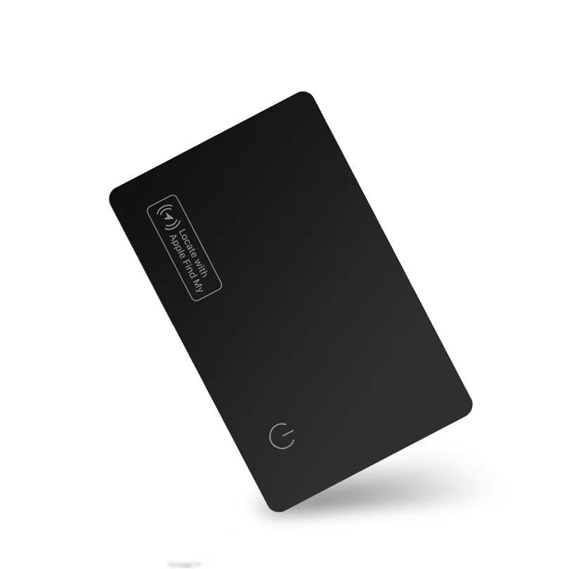 Black ultra-thin anti-loss alarm card for Apple devices, shown next to a credit card for size comparison.