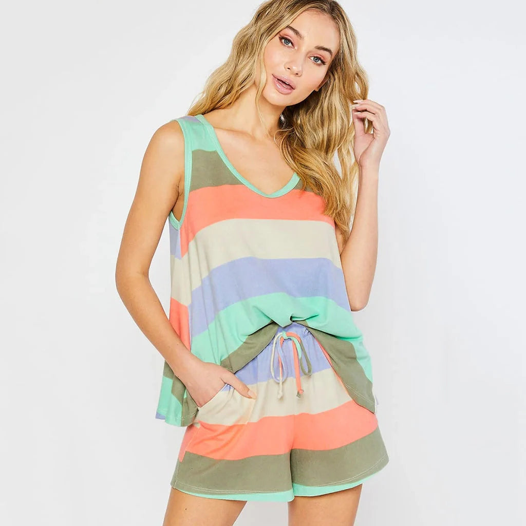 Women's rainbow stripes short sleeve pajama set for comfortable night lounging