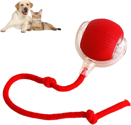 Smart automatic 360 rolling pet ball toy with rope attachment in grey, green, and red colours