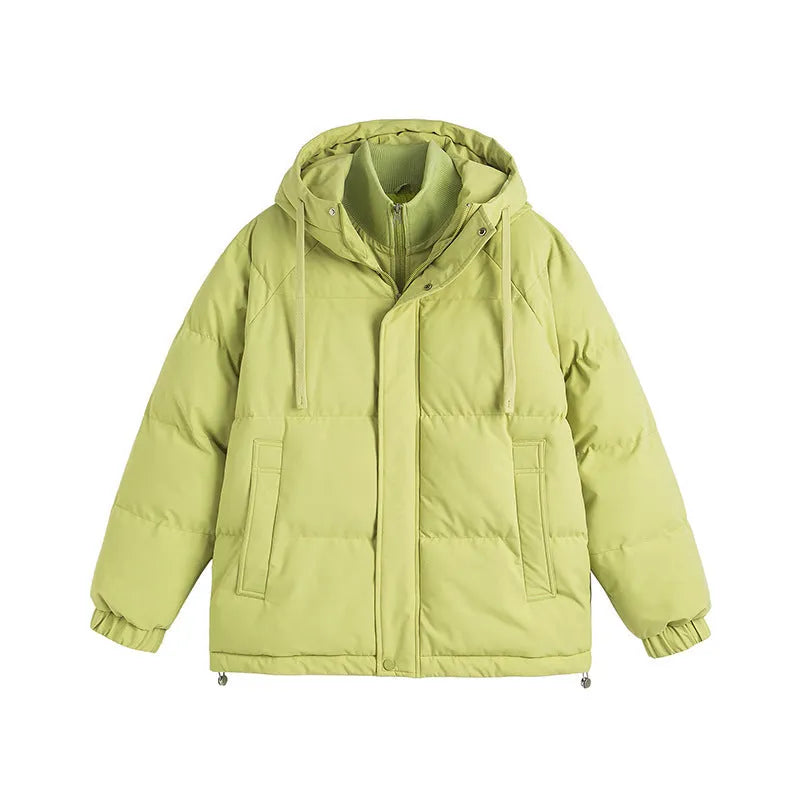 Loose winter cotton-padded coat in mustard yellow with side pockets and cardigan style
