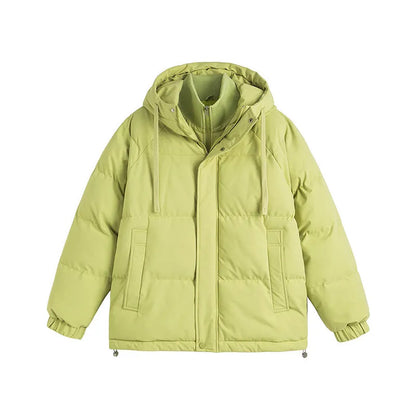 Loose winter cotton-padded coat in mustard yellow with side pockets and cardigan style