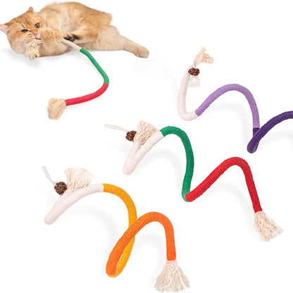 A 70cm long cotton string cat bite rope toy in three colour options: purple, orange, and red with green.