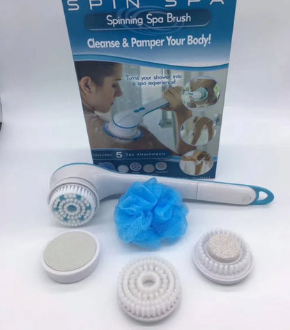 Electric spin spa bath brush with rotating head, shown in its colour presentation box.