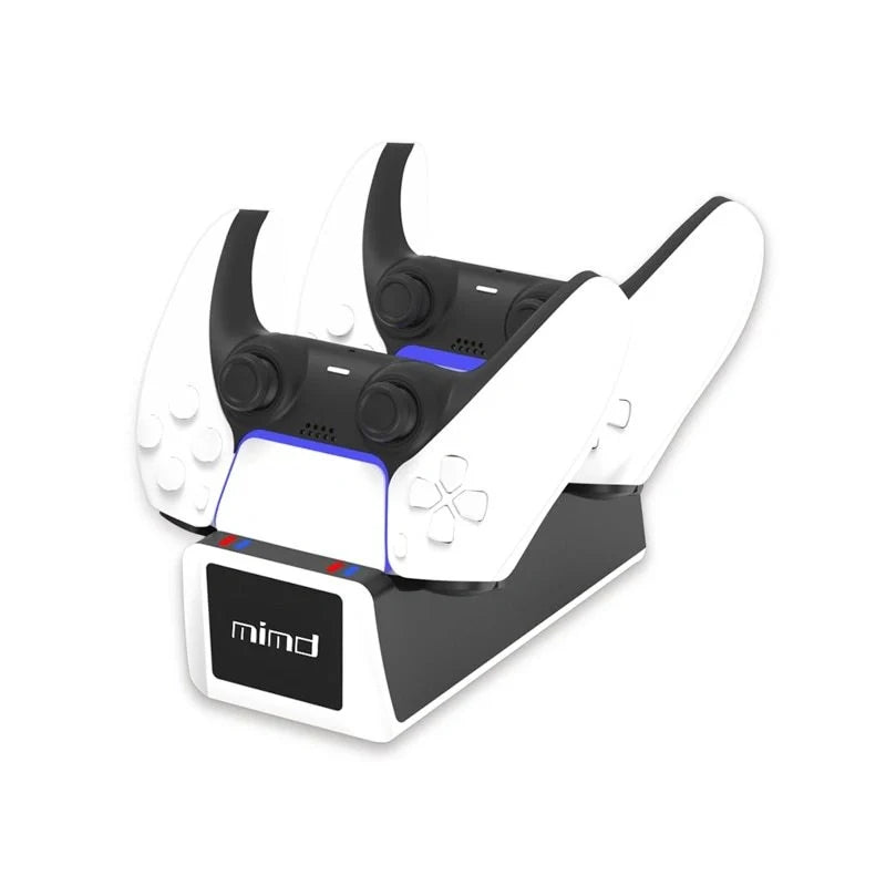 PS5 Wireless Controller Dual Charge Dock in black and white, charging two controllers simultaneously
