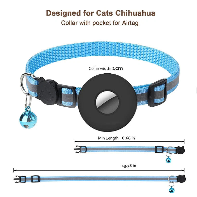 Adjustable Airtag pet collar with reflective strip and bell for cats and dogs