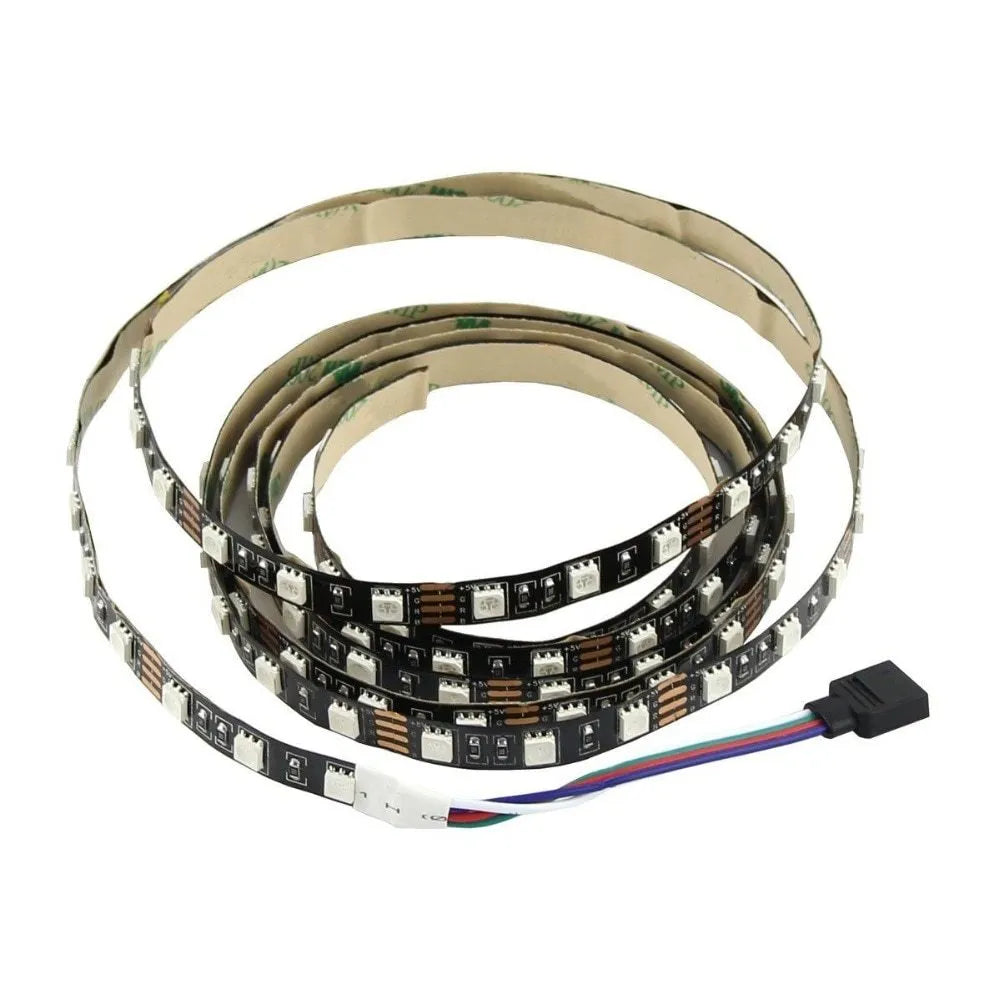 USB-powered flexible LED light strip, 1 metre long, with 50cm USB cable, showing multiple colour options including white and blue.